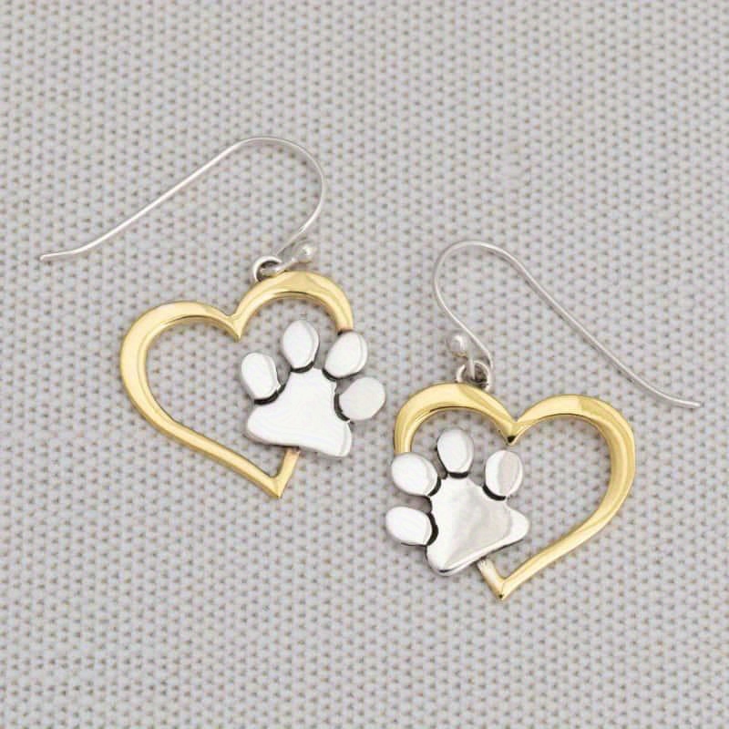 Two Tone Heart-shaped Paw Print Earrings, Copper Anti-Allergy